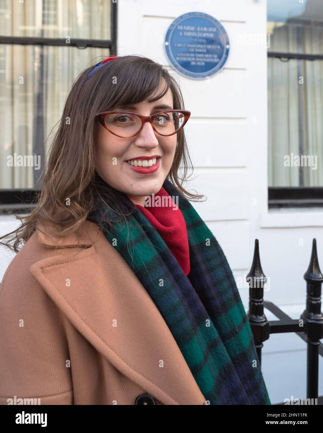 Marylebone, London, UK 7th February 2022. Dr Nicole Willson University of Central Lancashire by the 1st and only Haitian Queen's old residence Stock Photo