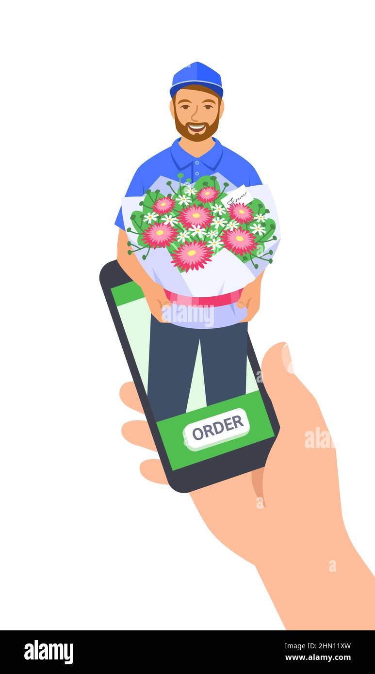 Fresh flowers express delivery. Delivery man holds floral bouquet. Customer makes an order online by mobile phone app. Floral shop delivery service wo Stock Vector