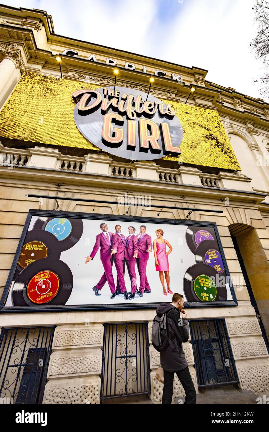 London theatres; boarding and lights advertising 'The Drifters' Girl' musical show, Garrick Theatre, Charing Cross Road, Central London West End, UK Stock Photo