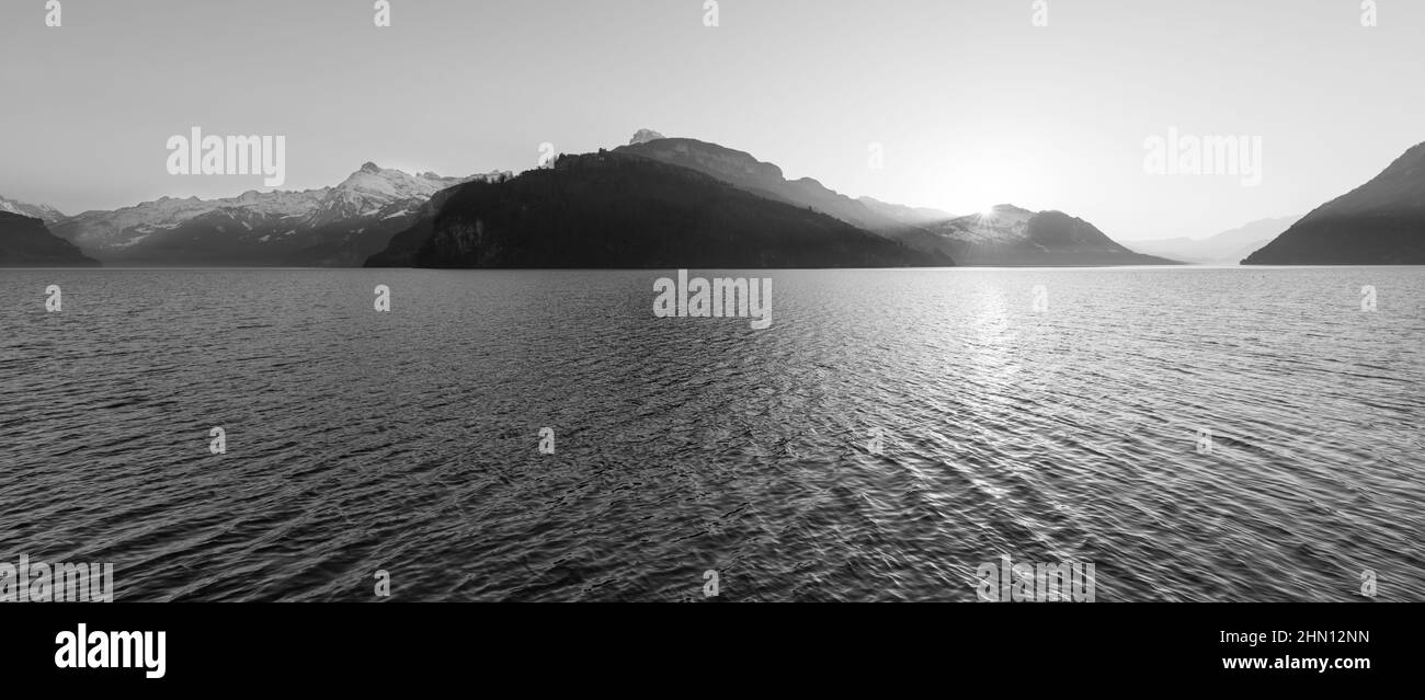 Grandiose panorama of the Alps mountain and Lake Lucerne. Sunset. Stock Photo