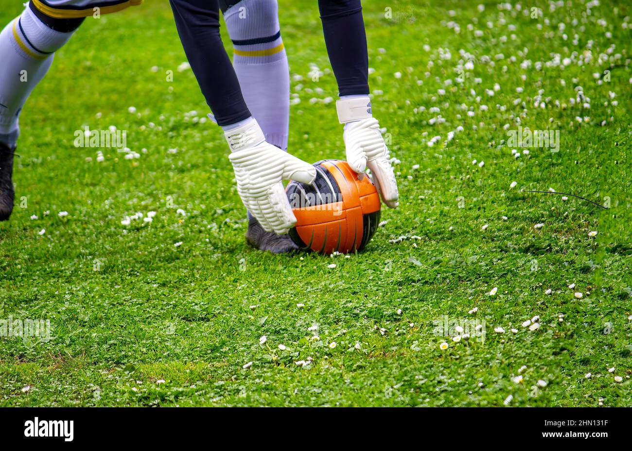 Professional football or soccer goalkeeper in action on stadium positioning ball Stock Photo
