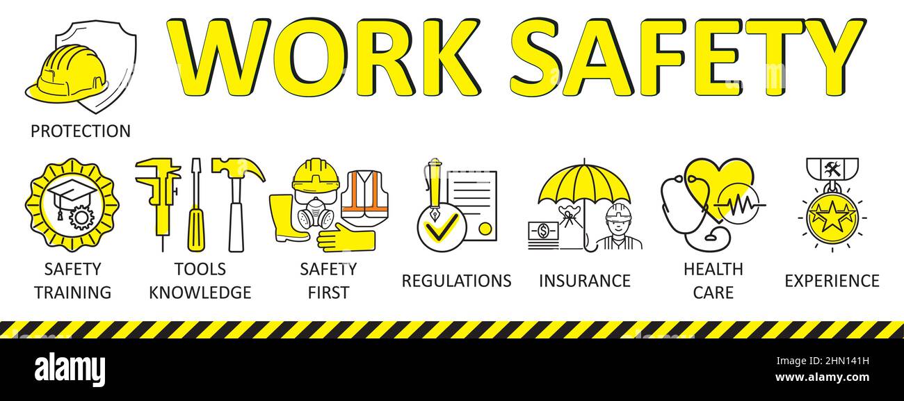 Banner work safety concept, Precautions, Audit, Protection, Regulations, Hazards, Insurance, Training, Safety Engineer with keywords and icons Stock Vector