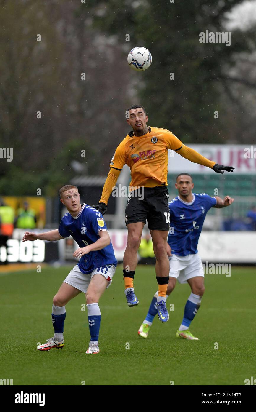 NEWPORT, UK. FEB 12TH Oldham Athletic's Davis Keillor-Dunn tussles with Courtney Baker-Richardson of Newport County during the Sky Bet League 2 match between Newport County and Oldham Athletic at Rodney Parade, Newport on Saturday 12th February 2022. (Credit: Eddie Garvey | MI News) Credit: MI News & Sport /Alamy Live News Stock Photo