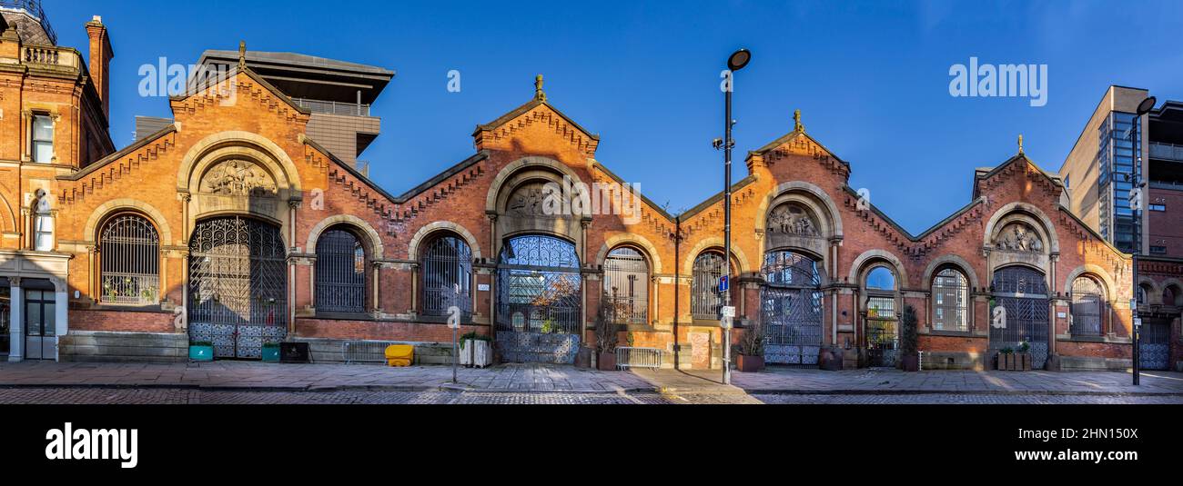 Panorama of the facade of the former Manchester Wholesale Fish Market on High street in the Northern Quarter of Manchester, England, UK Stock Photo