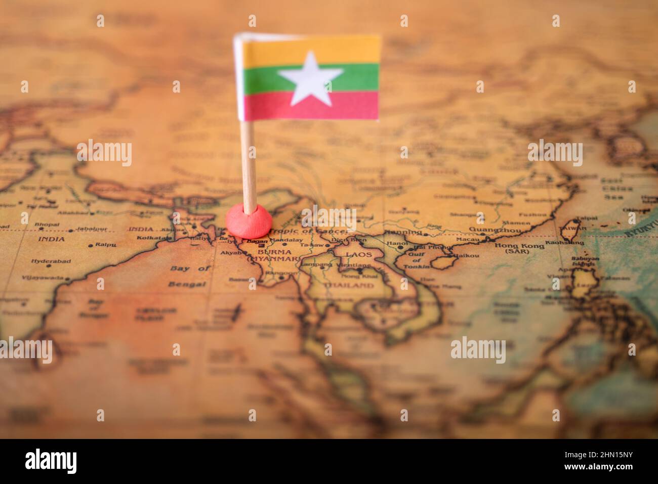 Myanmar flag on the world map. The concept of travel and tourism. Stock Photo