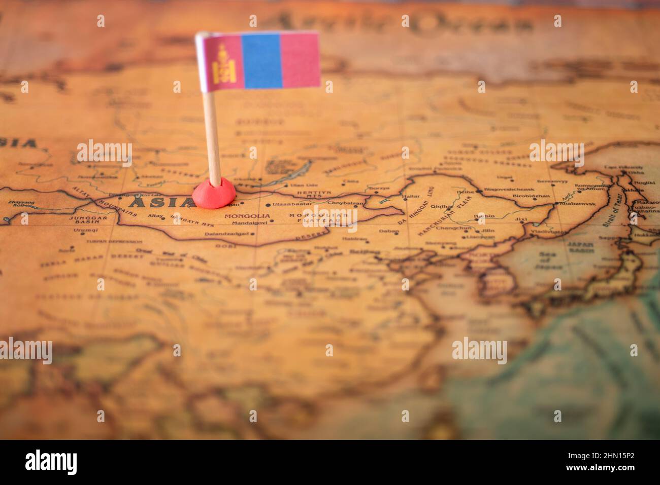 Flag of Mongolia on the world map. The concept of travel and tourism. Stock Photo
