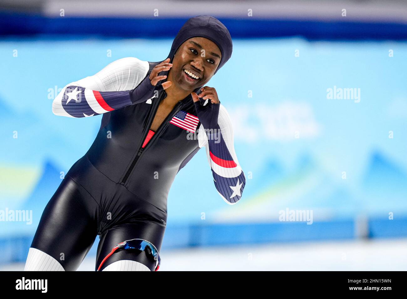 Beijing, China. 13th Feb, 2022. BEIJING, CHINA - FEBRUARY 13: Erin Jackson of the United States of America competing at the Women's 500m during the Beijing 2022 Olympic Games at the National Speed Skating Oval on February 13, 2022 in Beijing, China (Photo by Douwe Bijlsma/Orange Pictures) NOCNSF Credit: Orange Pics BV/Alamy Live News Stock Photo