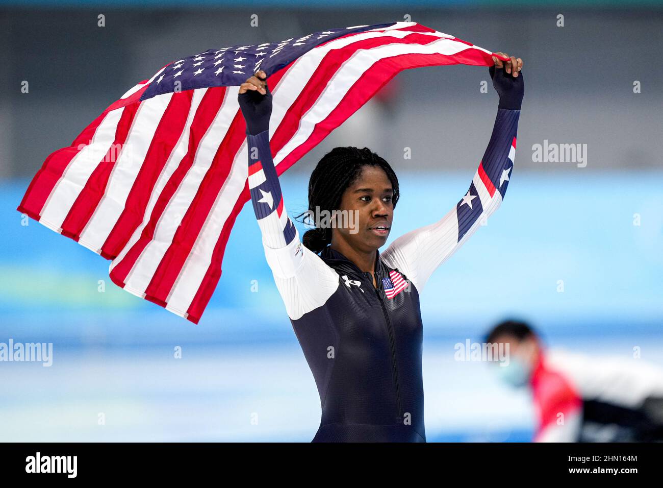 Beijing, China. 13th Feb, 2022. BEIJING, CHINA - FEBRUARY 13: Erin Jackson of the United States of America celebrating competing at the Women's 500m during the Beijing 2022 Olympic Games at the National Speed Skating Oval on February 13, 2022 in Beijing, China (Photo by Douwe Bijlsma/Orange Pictures) NOCNSF Credit: Orange Pics BV/Alamy Live News Stock Photo