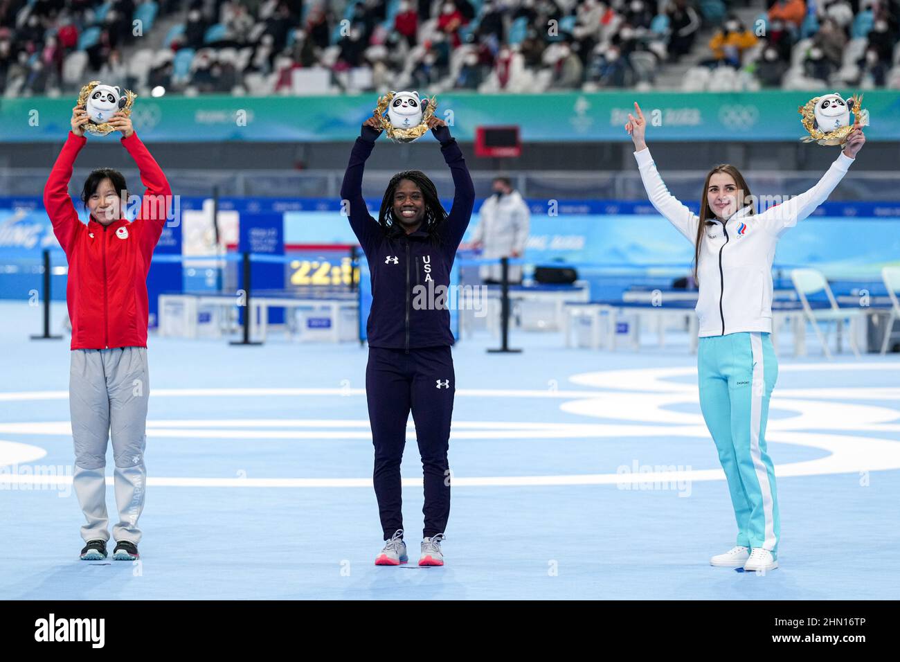 Beijing, China. 13th Feb, 2022. BEIJING, CHINA - FEBRUARY 13: Miho Takagi of Japan winner of the silver medal, Erin Jackson of the United States of America winner of the gold medal, Angelina Golikova of ROC winner of the brons medal competing at the Women's 500m during the Beijing 2022 Olympic Games at the National Speed Skating Oval on February 13, 2022 in Beijing, China (Photo by Douwe Bijlsma/Orange Pictures) NOCNSF Credit: Orange Pics BV/Alamy Live News Stock Photo