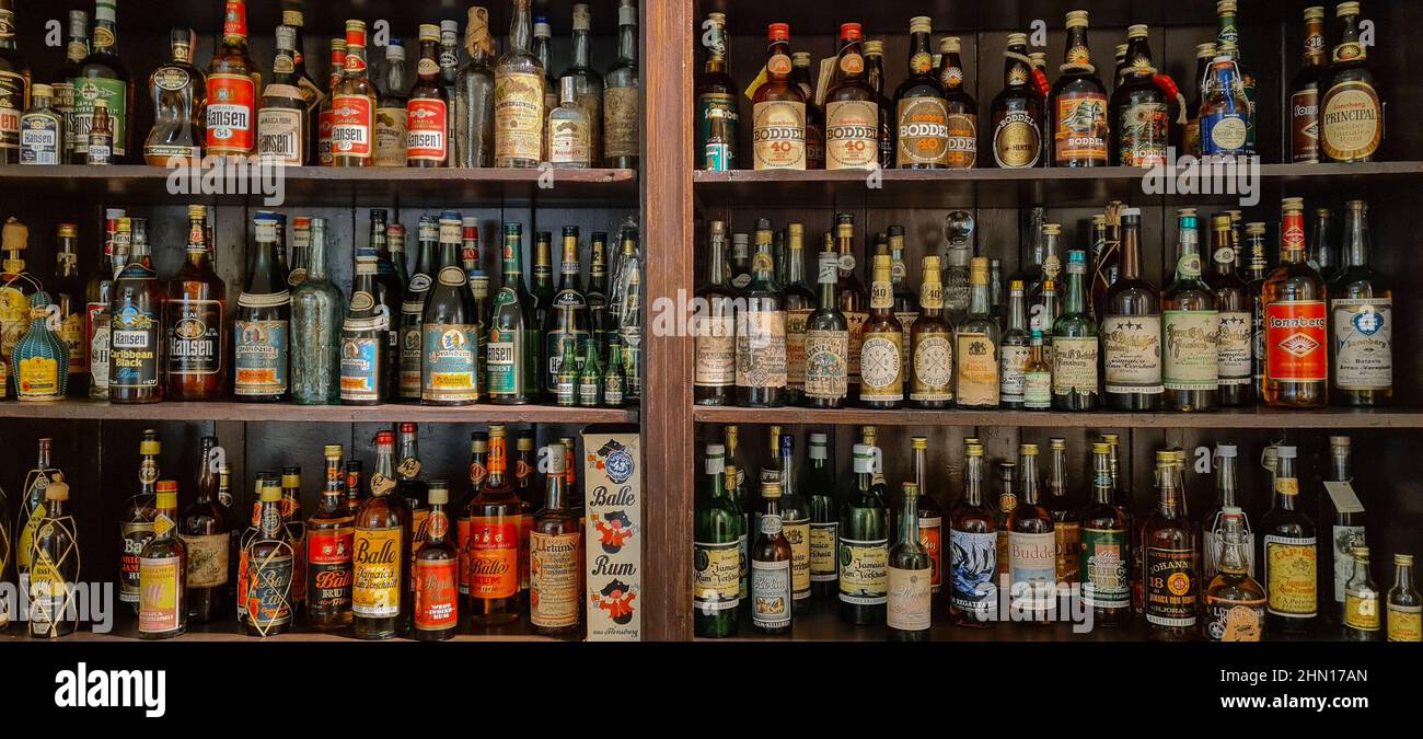 Collection of wines in the store of elite alcohol. Bottles of various