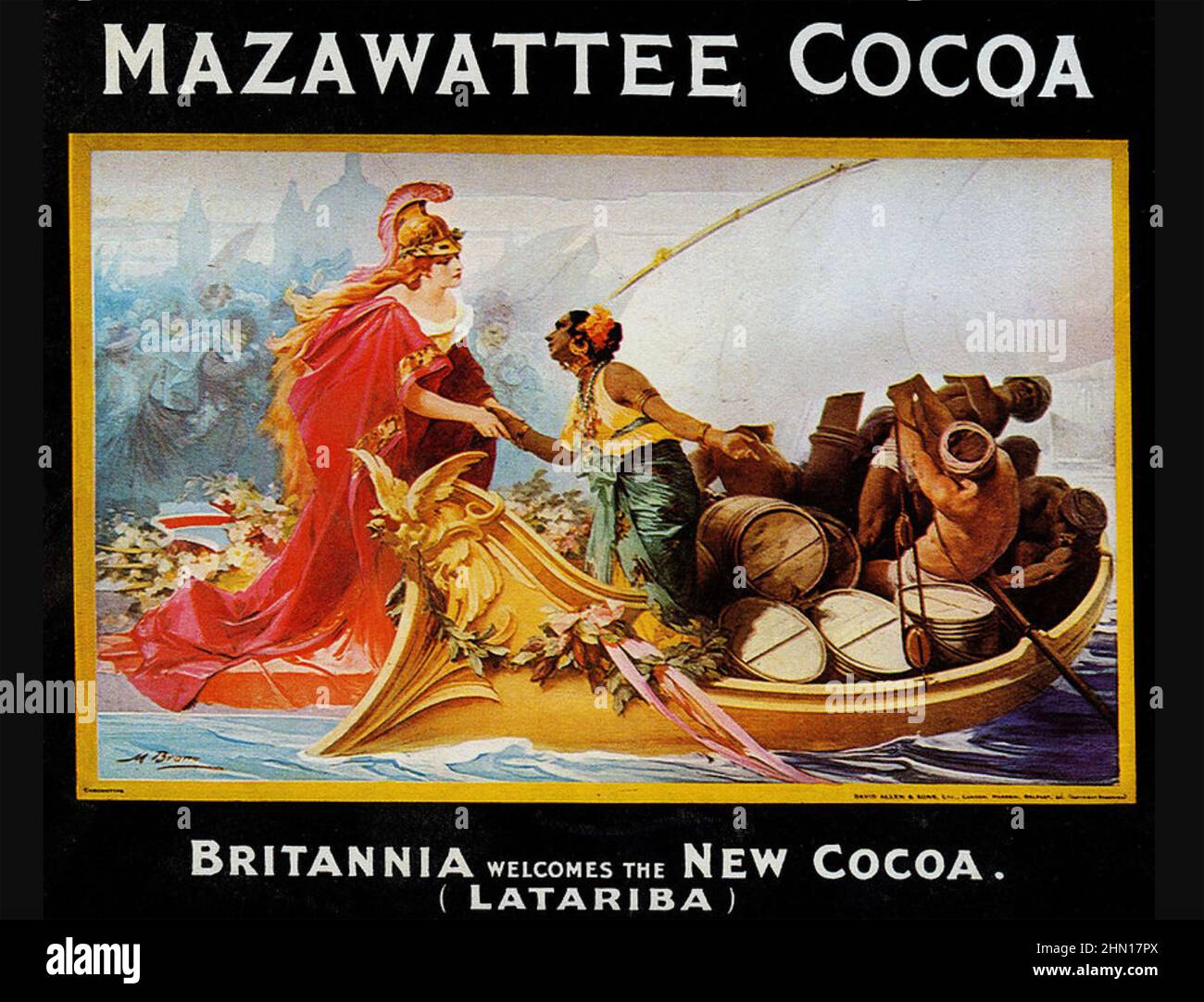 MAZAWATTEE TEA COMPANY An advert for their Latariba cocoa about 1900. Britannia welcome the arrival of a shipment. Stock Photo