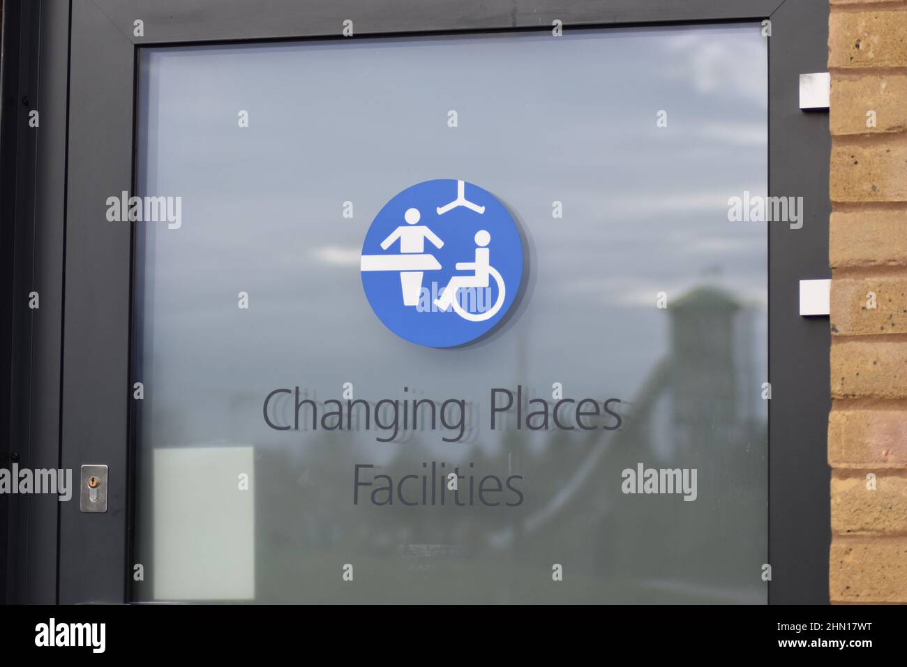 The sign on the door of a Changing Places toilet at Willen Lake in Milton Keynes. Stock Photo