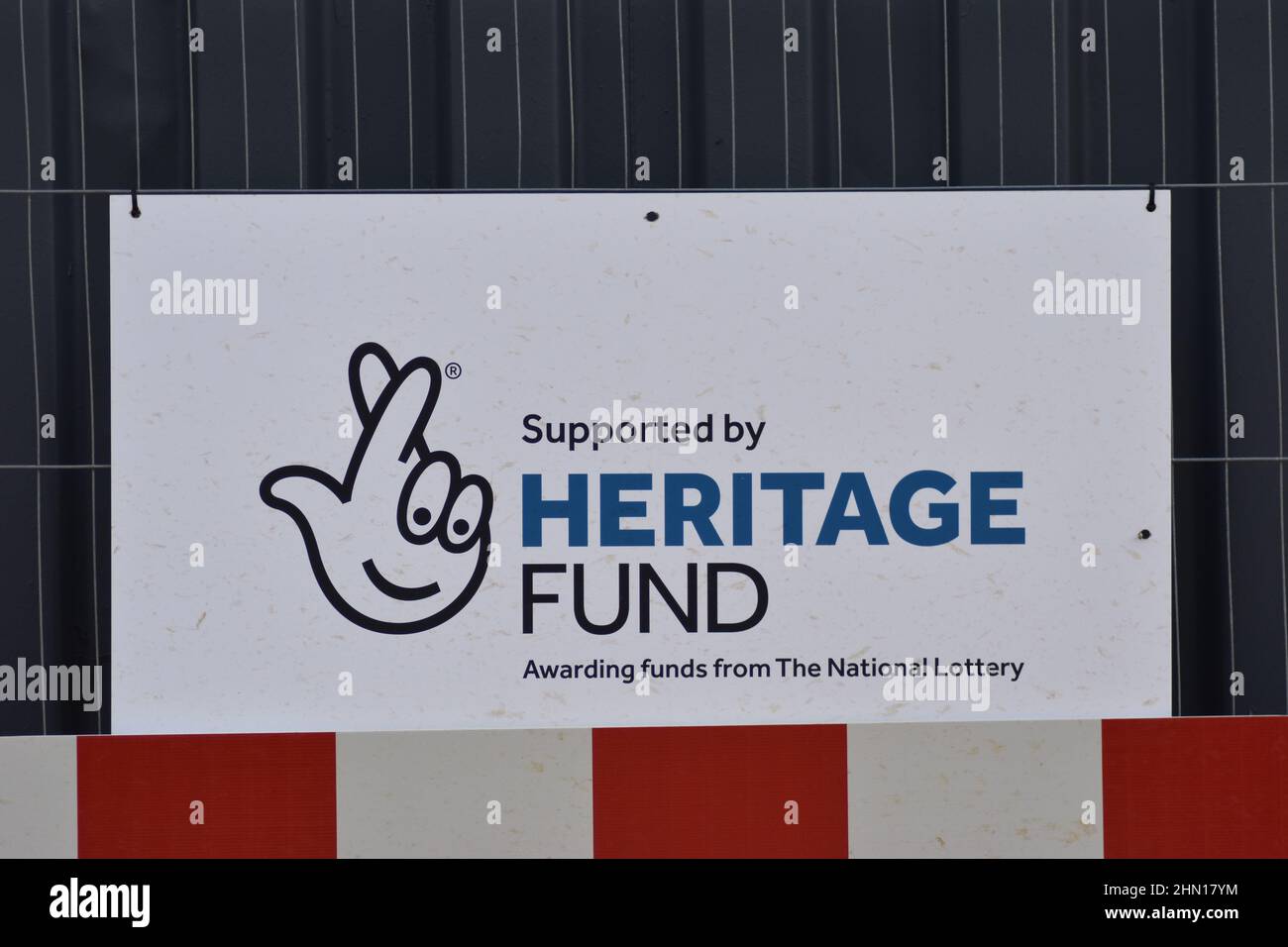 Sign at a building site: Supported by Heritage Fund Awarding funds from The National Lottery. Stock Photo