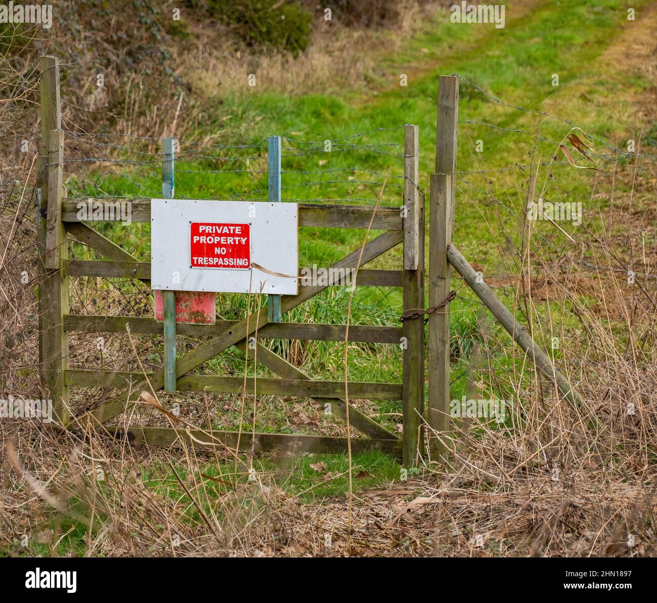 Private property sign attached to a wooden gate in the Norfolk ...