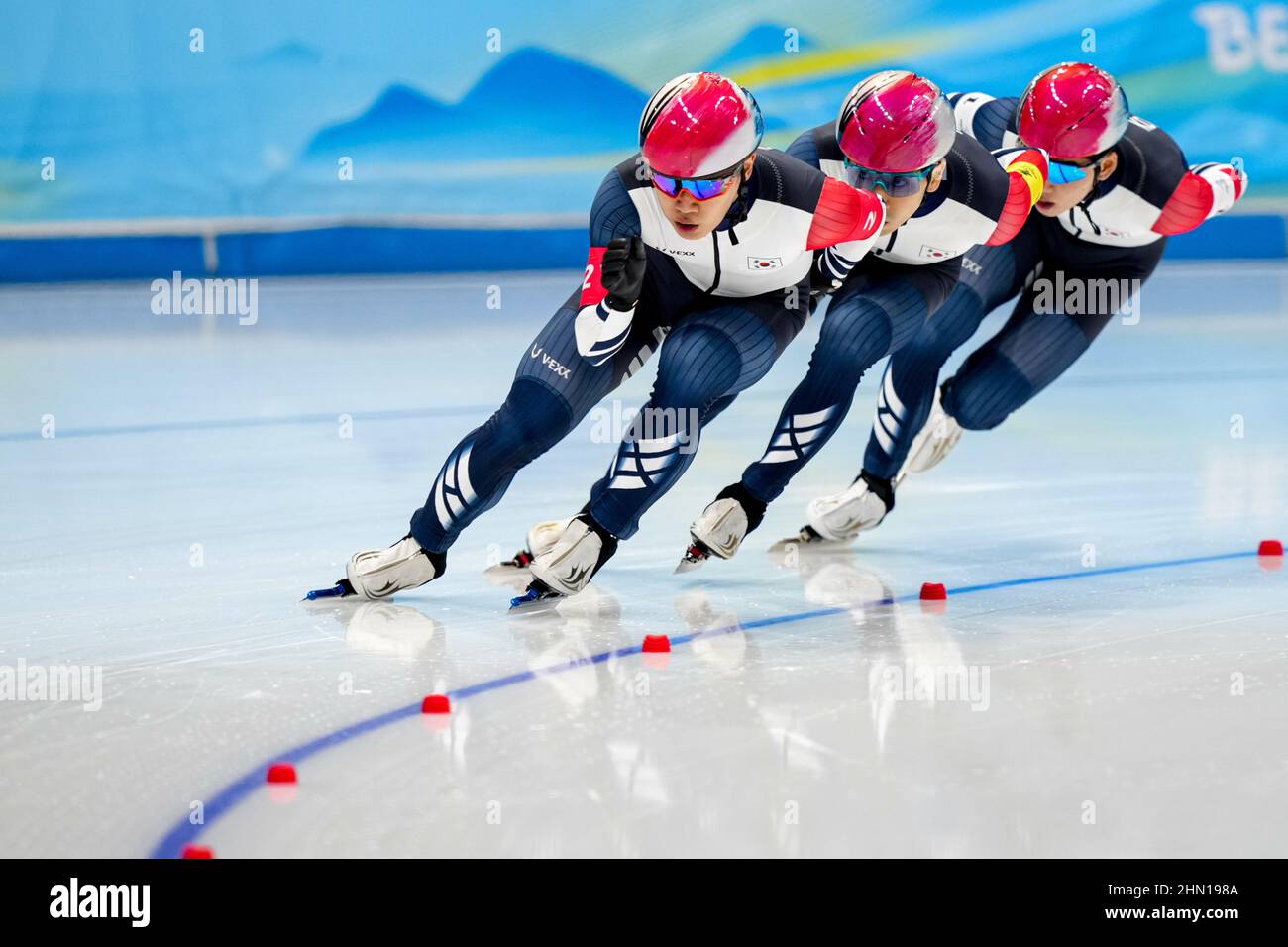 Beijing, China. 13th Feb, 2022. BEIJING, CHINA - FEBRUARY 13: Minseok Kim of South Korea, Seung Hoon Lee of South Korea, Jae Won Chung of South Korea competing at the Men's Team Pursuit Quarterfinals during the Beijing 2022 Olympic Games at the National Speed Skating Oval on February 13, 2022 in Beijing, China (Photo by Douwe Bijlsma/Orange Pictures) NOCNSF Credit: Orange Pics BV/Alamy Live News Stock Photo