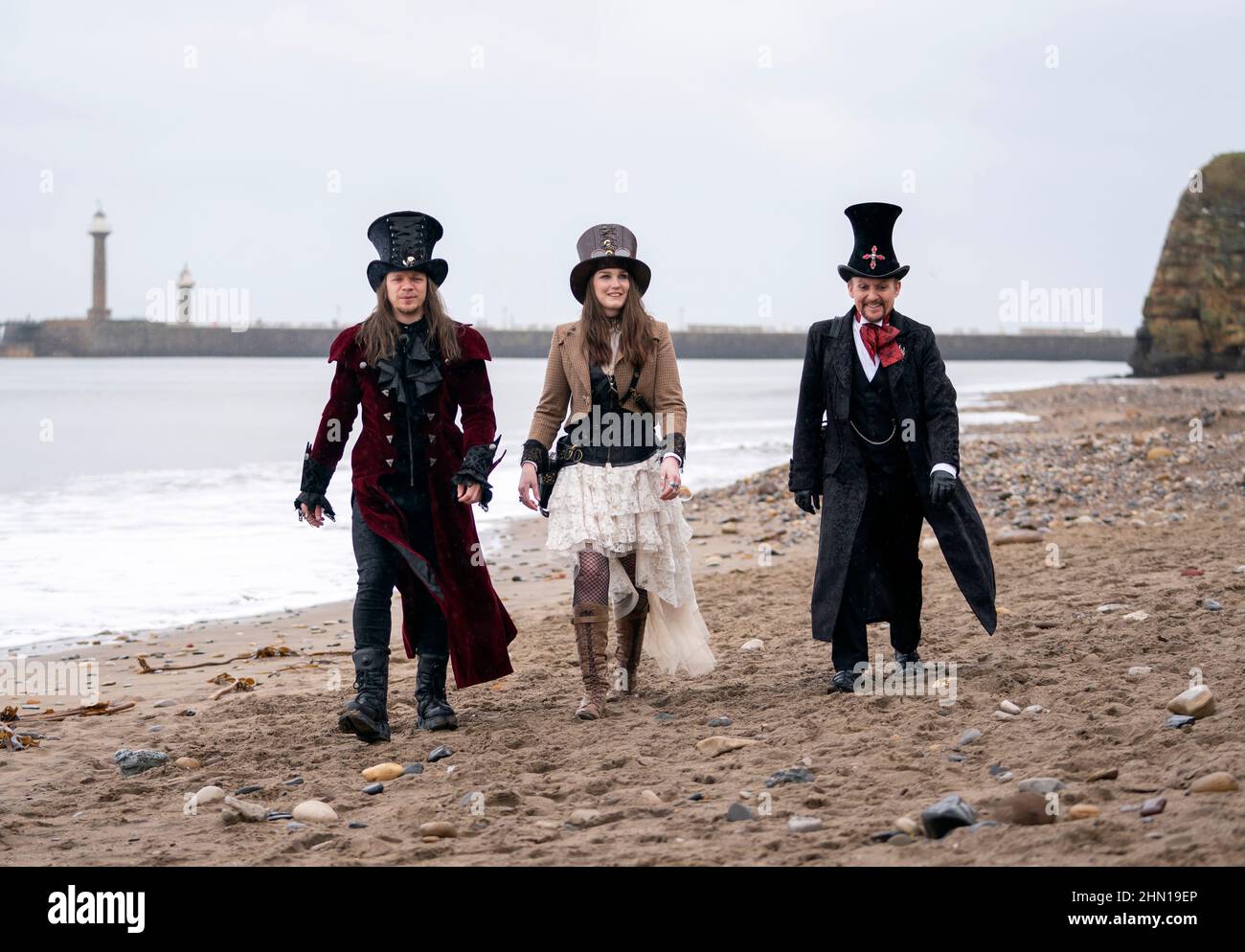 People in costume attend the Whitby Steampunk Weekend in Whitby, Yorkshire. Steampunk is a subgenre of science fiction or Steampunk began as a sub-genre of science fiction and fantasy literature, but has developed in recent years to become a craft and lifestyle movement that commonly features some aspect of steam-powered machinery. Picture date: Sunday February 13, 2022. Stock Photo