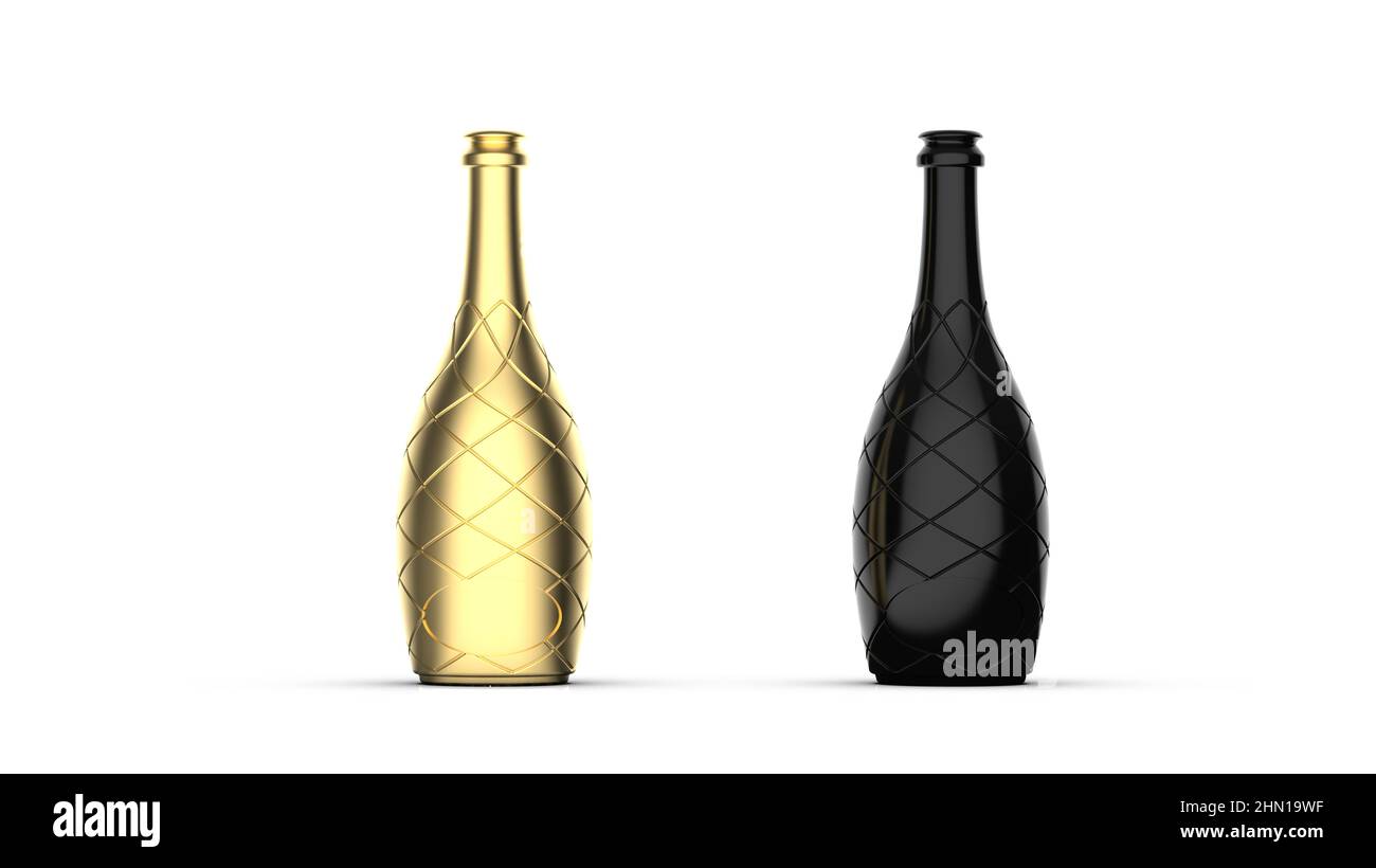 3D Black and gold wine bottle. Isolated on white background. The bottle