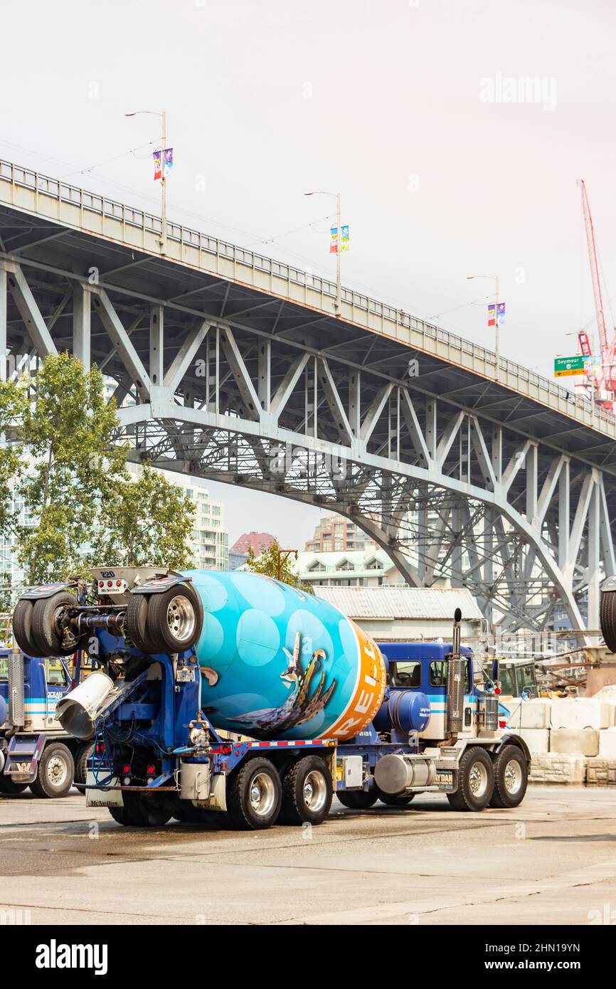 painted cement mixer trucks at cement works on Granville island