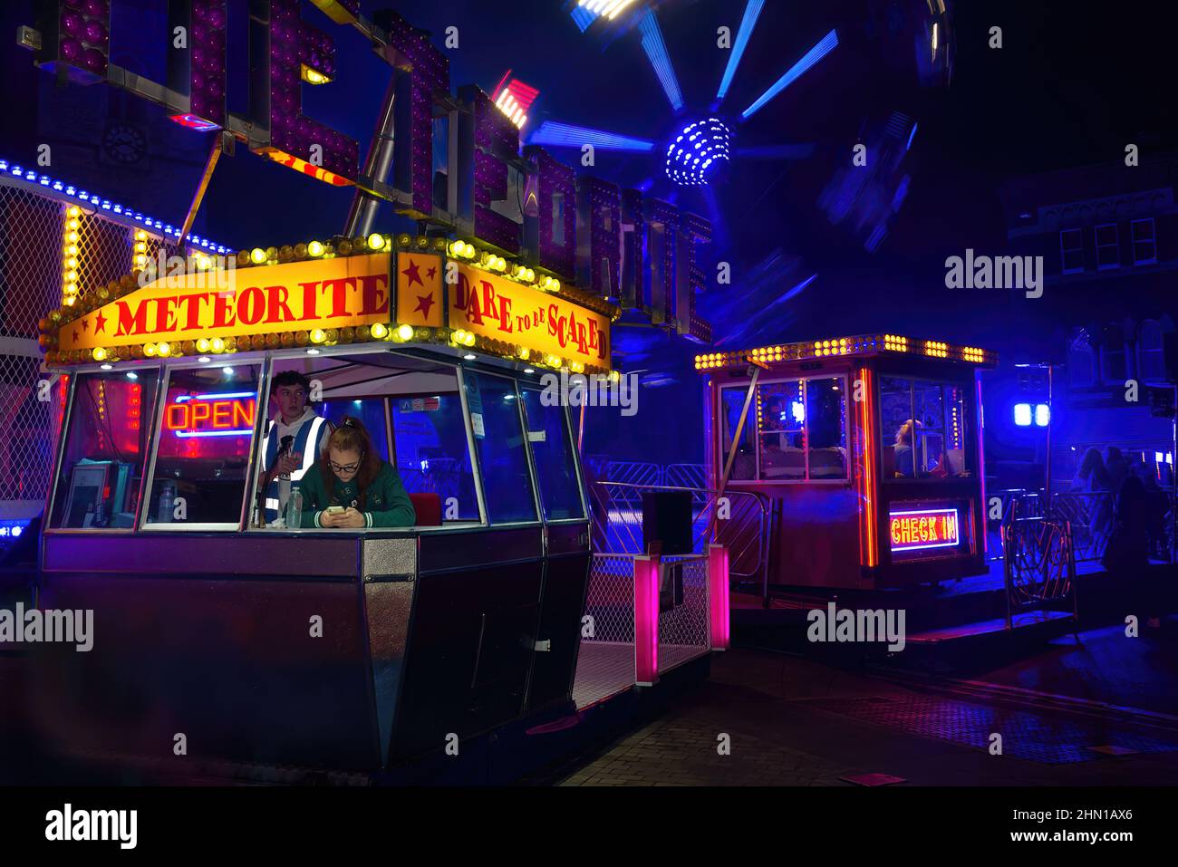 Abingdon Street Fair at Night - Payment booths for rides in motion - October 2021 Stock Photo