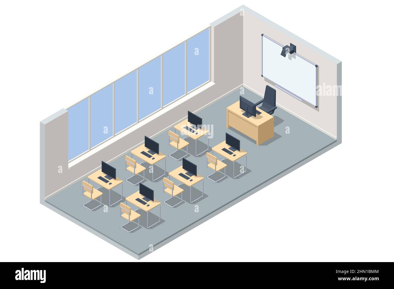 Isometric computer lab. Computer education in classroom. Computer classroom Stock Vector