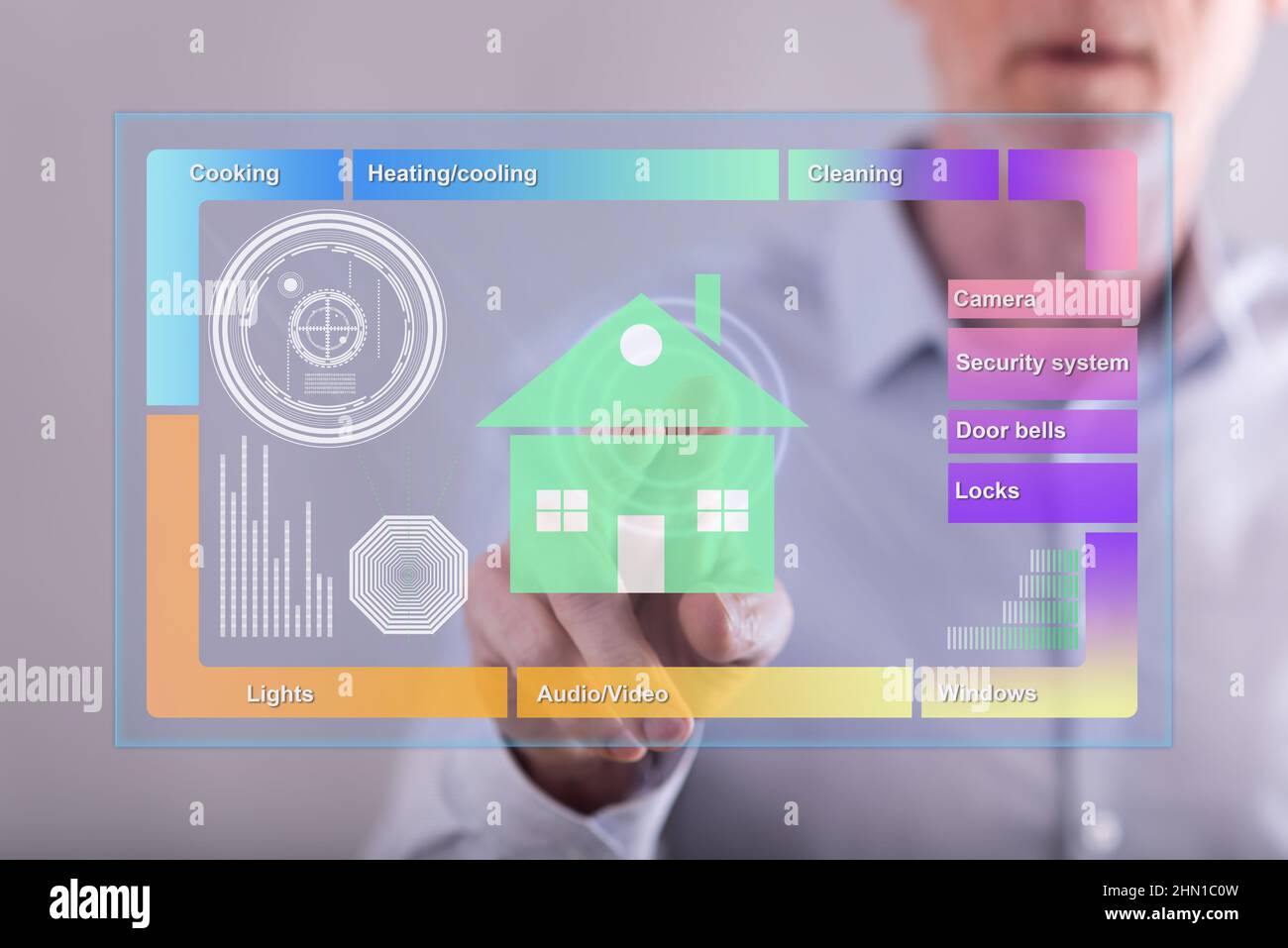 Man touching a smart home concept on a touch screen with his finger ...