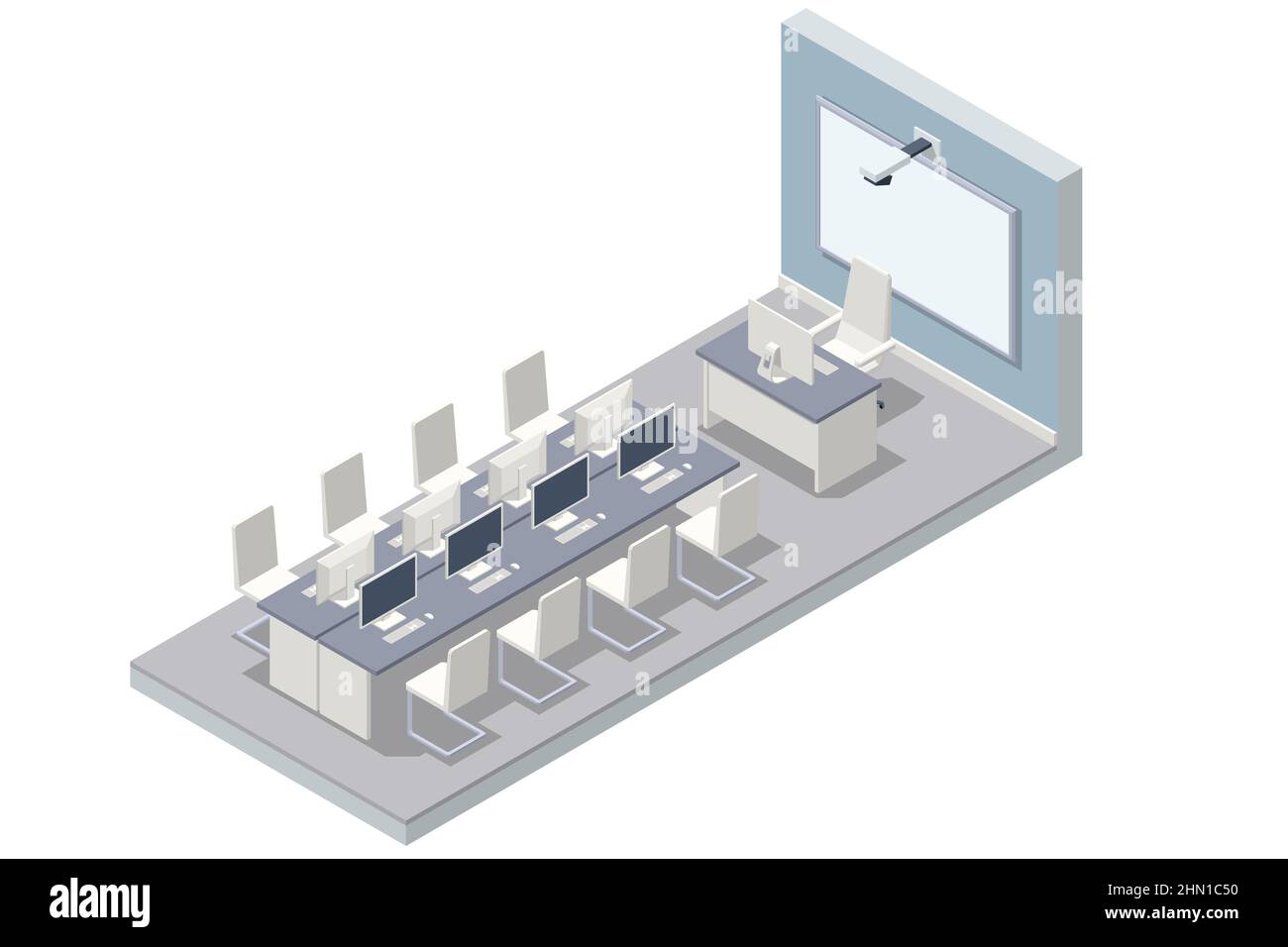 Isometric computer lab. Computer education in classroom. Computer classroom Stock Vector