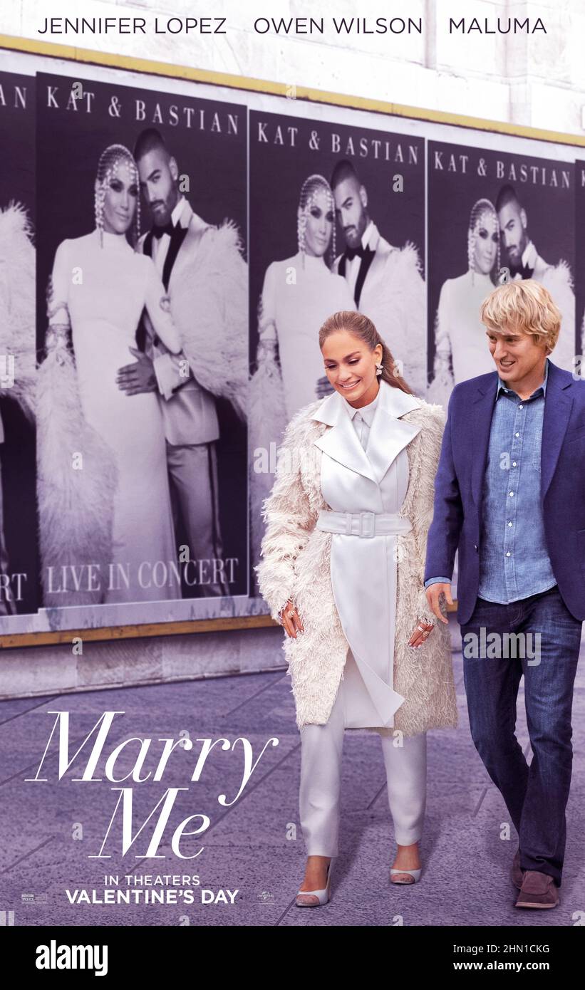 Marry Me (2022) directed by Kat Coiro and starring Jennifer Lopez and Owen Wilson. Music superstar Kat Valdez who is getting married before a global audience of fans when she learns her fiancee has been unfaithful and marries a stranger in the crowd instead. Stock Photo