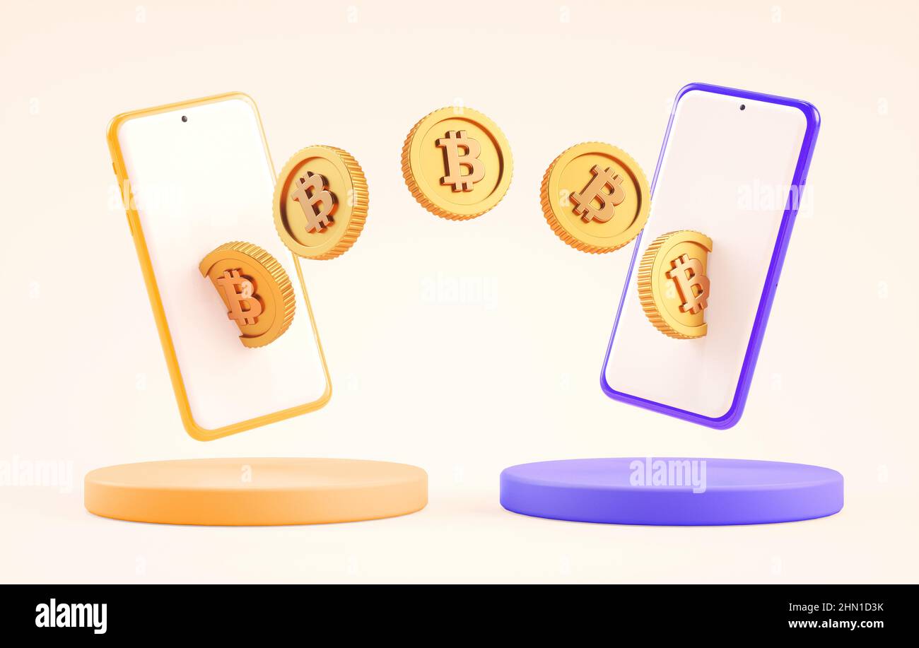 Bitcoin transfer between mobile phones, P2P sending and receiving BTC  coins. Smartphone online exchange payment app, cryptocurrencies and  blockchain c Stock Photo - Alamy