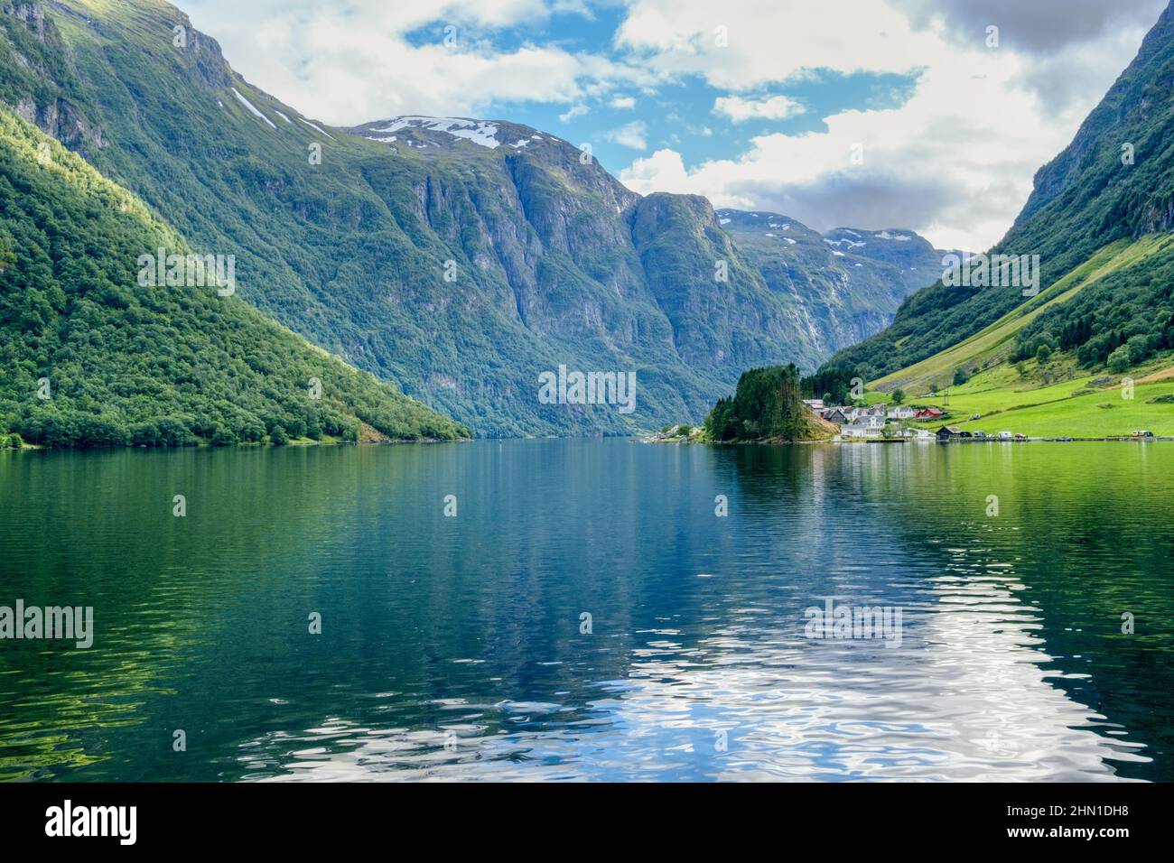 Aurland, Norway. The Nærøyfjord is 17 km long and the narrowest point is only 250 m wide. Daylight shot. Stock Photo