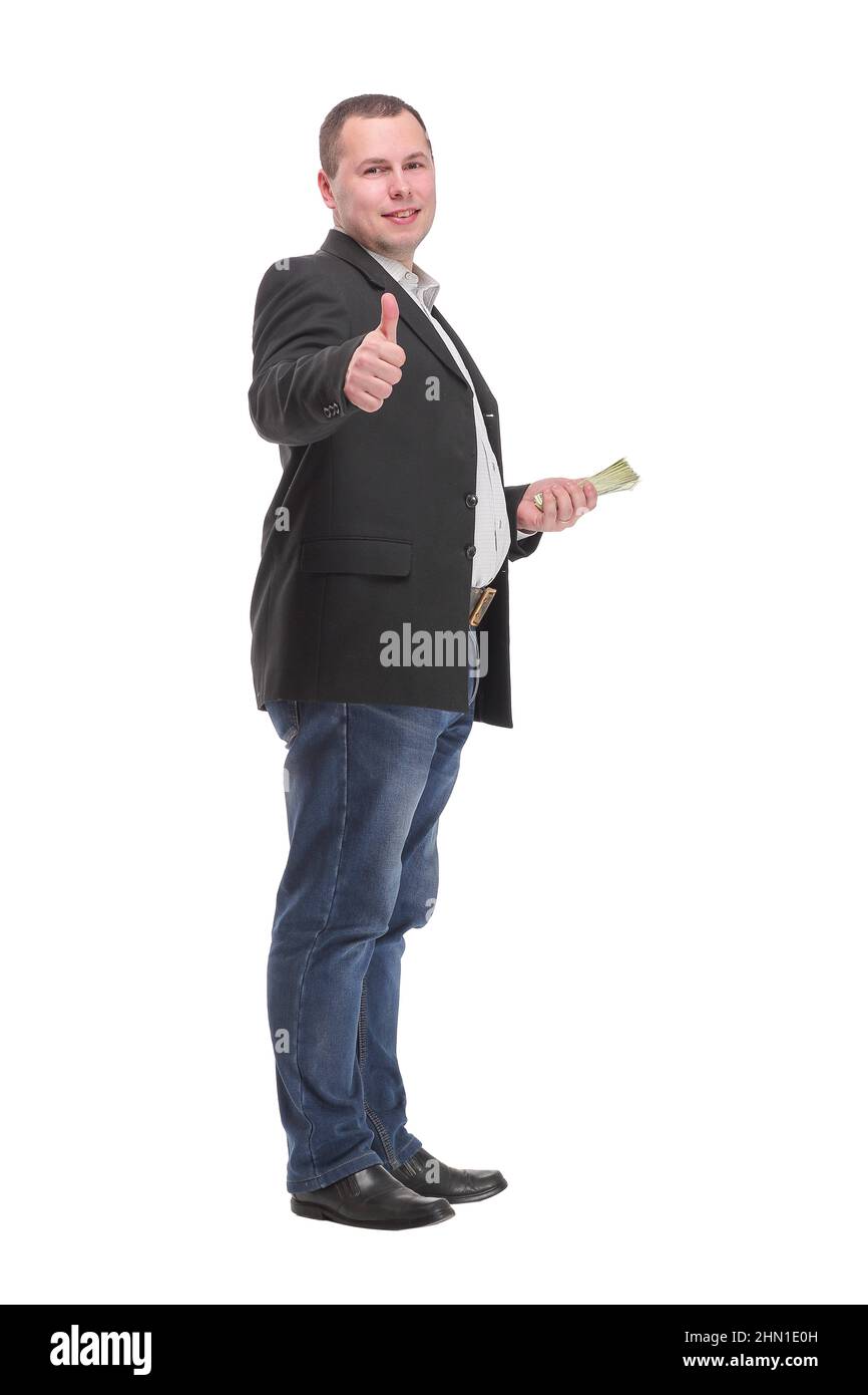 Portrait of a business man holding money, isolated on white Stock Photo ...