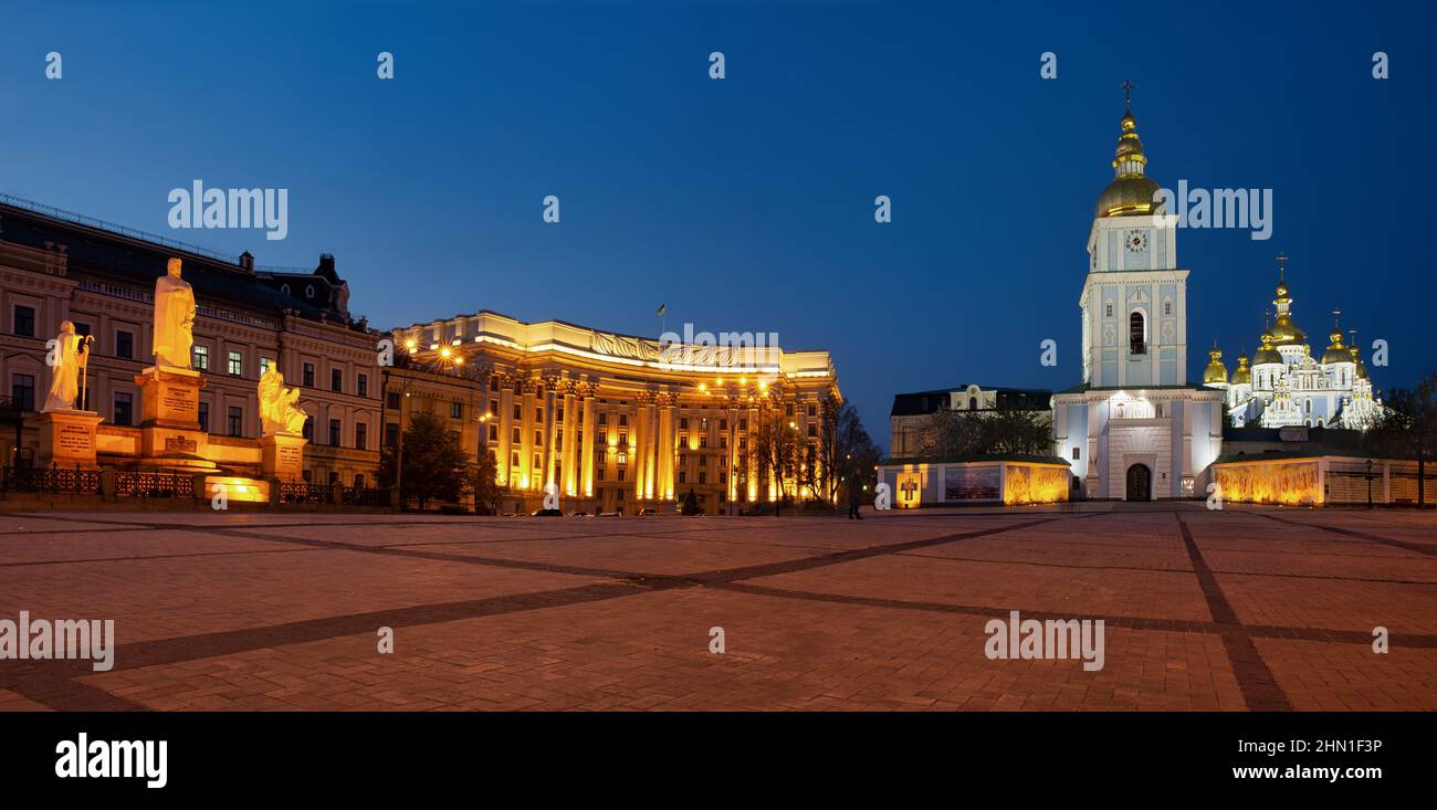 KYIV, UKRAINE - April 24th, 2019: Svyato-Mykhailivska square by night Stock Photo