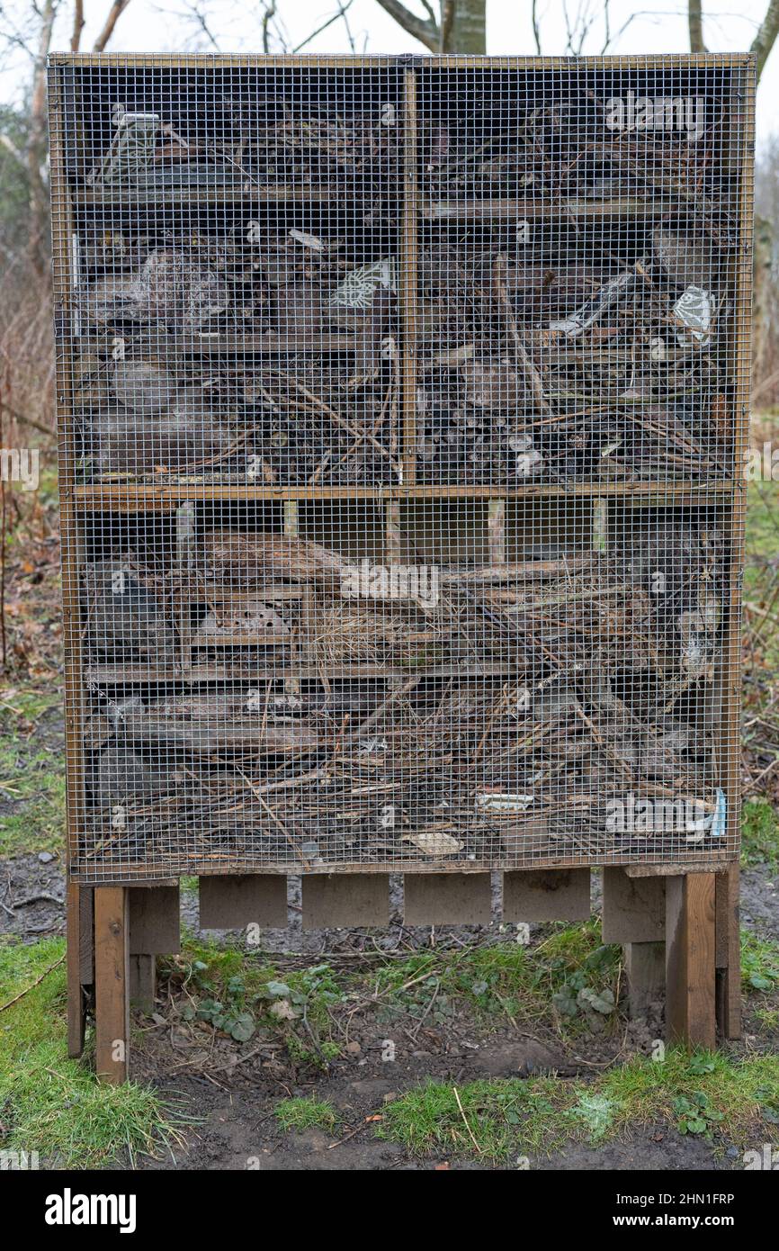 A vertical view of a beneficial insect habitat, or bug hotel, at Plessey Woods Country Park, Northumberland, UK. Stock Photo