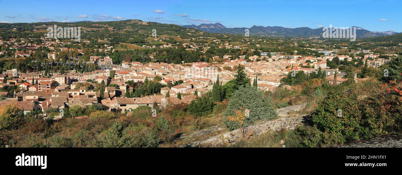 Panoramic aerial view of the town of Vaison-la- romaine. Stock Photo