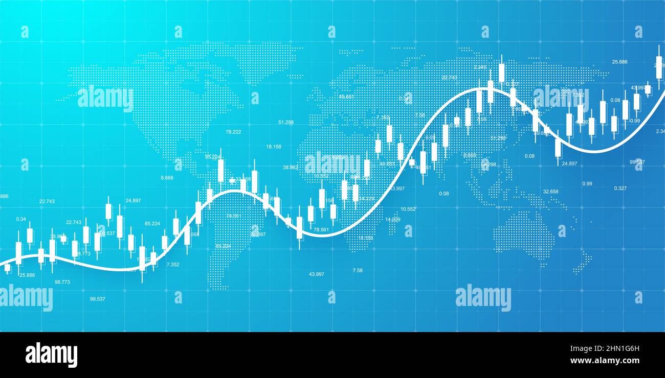 Abstract financial chart with uptrend line graph and world map on black ...