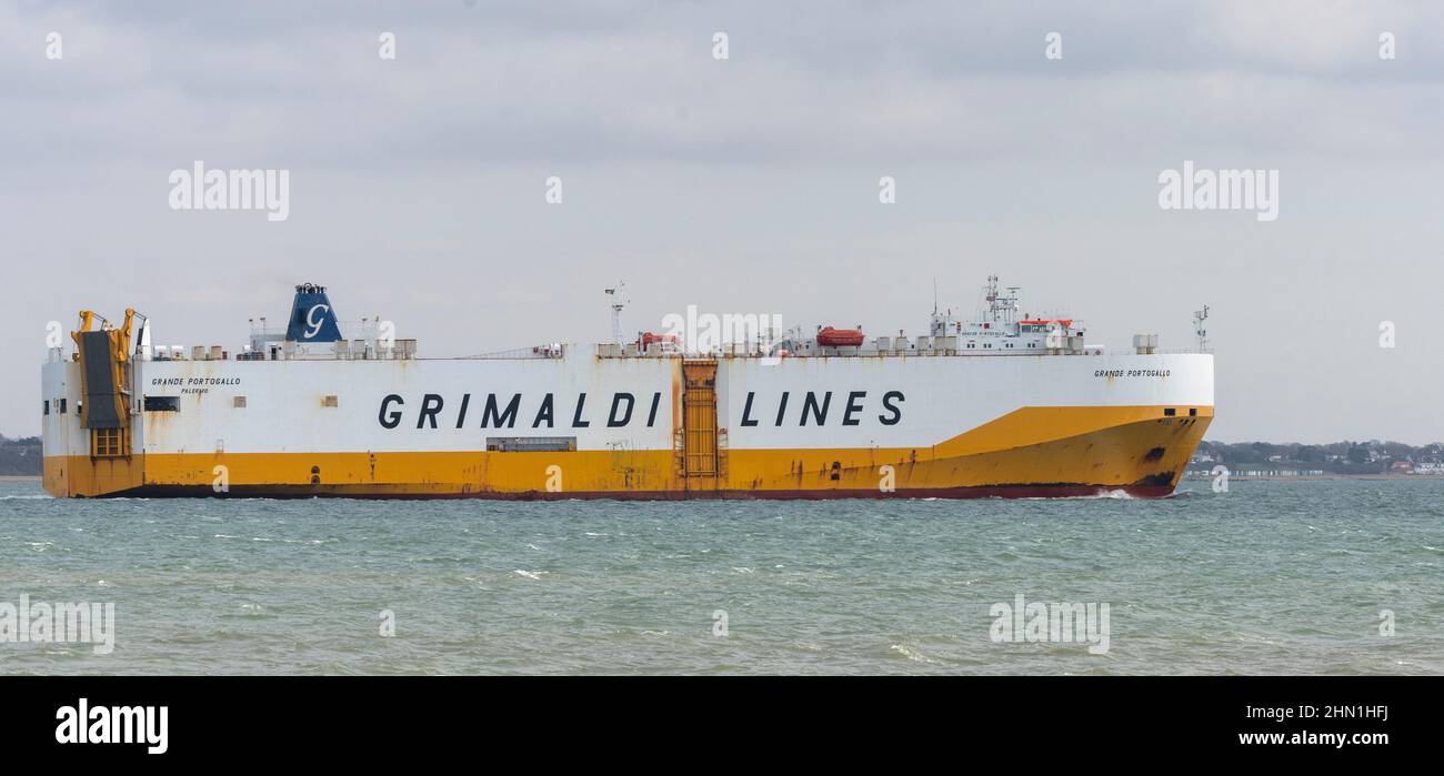 MV Grande Portogallo - vehicles carrier - Grimaldi Lines sailing in the Solent having left Southampton, Hampshire, England, UK Stock Photo