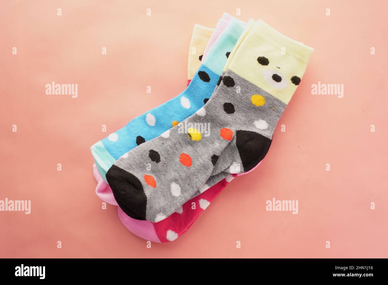 multi color kid socks on table  Stock Photo