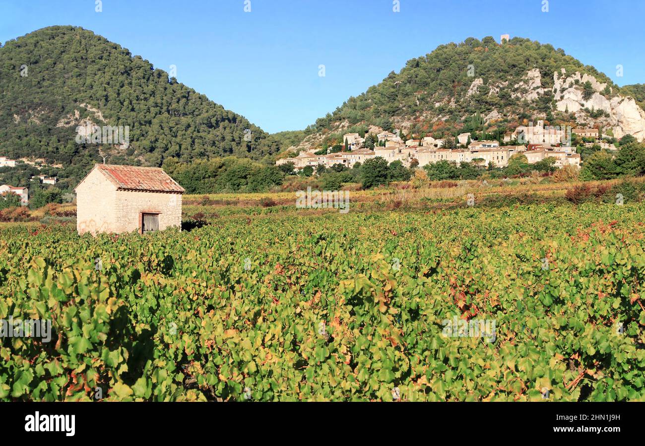 The village of Séguret among the vines in the colors of autumn, Provence. Stock Photo