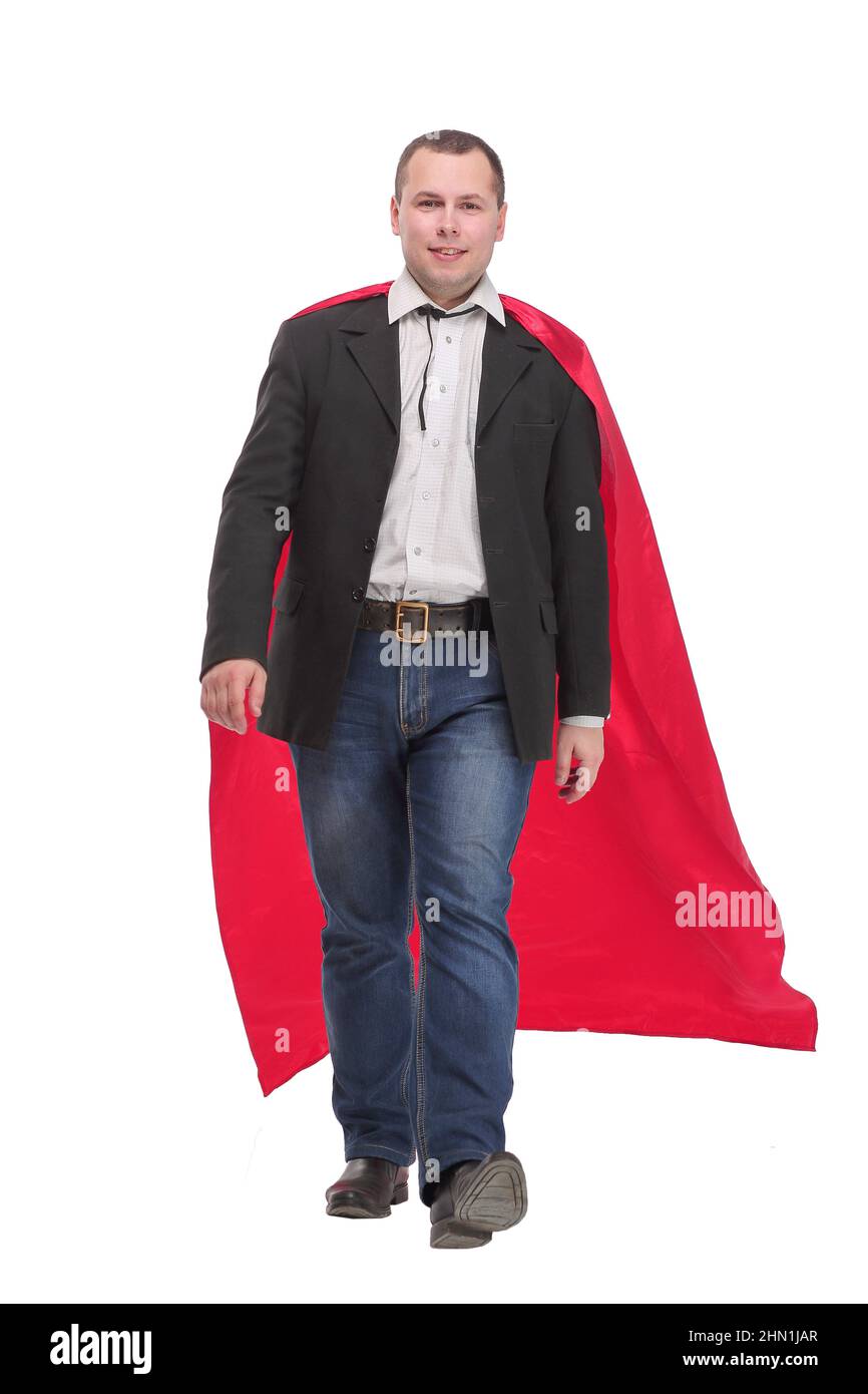 Businessman in a Superman cloak walking over white background Stock ...