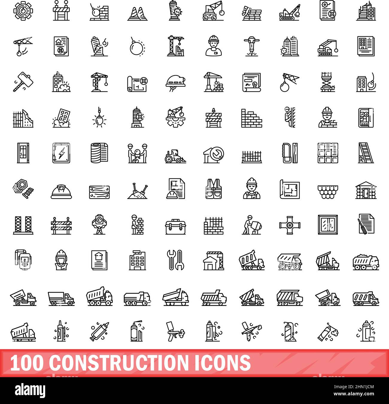 100 construction icons set. Outline illustration of 100 construction icons vector set isolated on white background Stock Vector