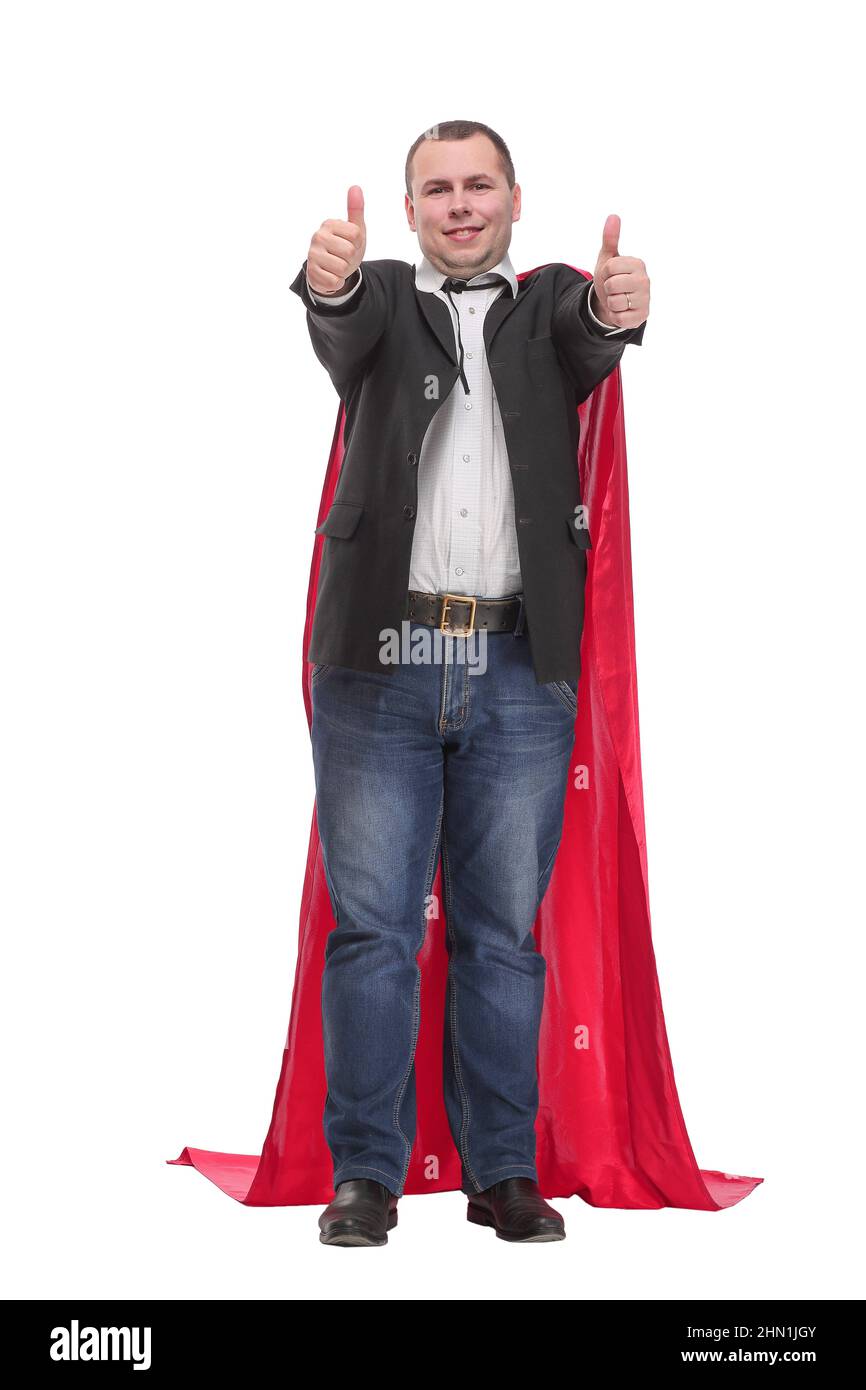 Businessman in suit and superhero red cloak raises hand up, white ...