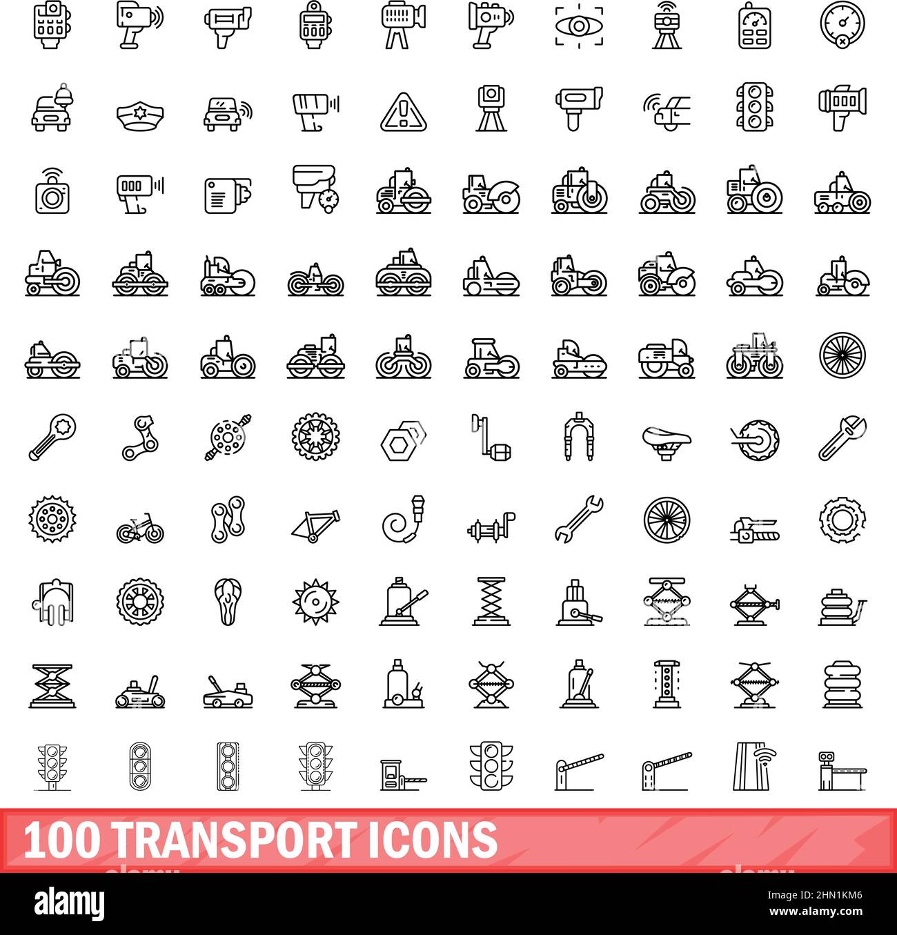 100 transport icons set. Outline illustration of 100 transport icons vector set isolated on white background Stock Vector