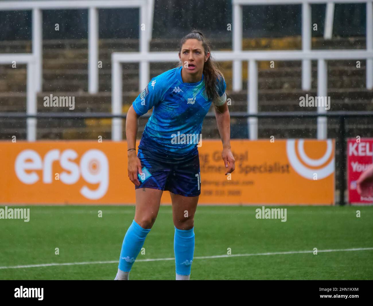 Bromley, Kent, UK. 13th Feb, 2022. Bromley FC Stadium, Hayes Lane, Bromley, Kent 13th February 2022 Harley Bennett (14 Captain London City Lionesses) waits for a corner in the match between Crystal Palace Women vs London City Lionesses in the Women's FA Championship at Bromley FC Stadium, Hayes Lane, Bromley on 13th February 2022 Claire Jeffrey/SPP Credit: SPP Sport Press Photo. /Alamy Live News Stock Photo