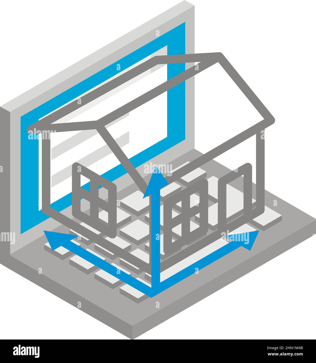Construction project icon isometric vector. Open laptop and house projection. Engineering, development, design technology Stock Vector