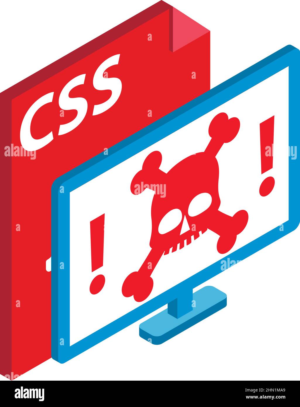Hacked computer icon isometric vector. Skull, bone on computer screen, css file. Hacking attack, internet security, data protection Stock Vector