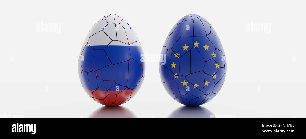 Russia VS EU, relation crisis. European Union and Rusian Flag on broken cracked eggs isolated on