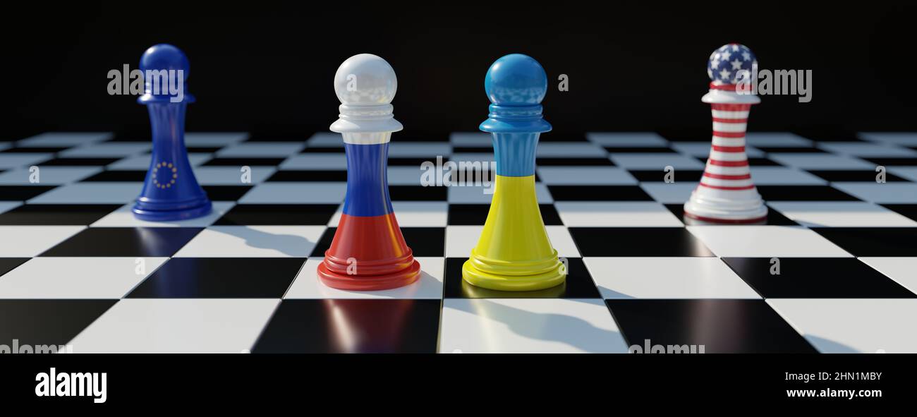 Russia vs Ukraine, crisis. Ukrainian, Russian, EU and USA flag on chess piece on chessboard background. Negotiation, agreement.3d render Stock Photo