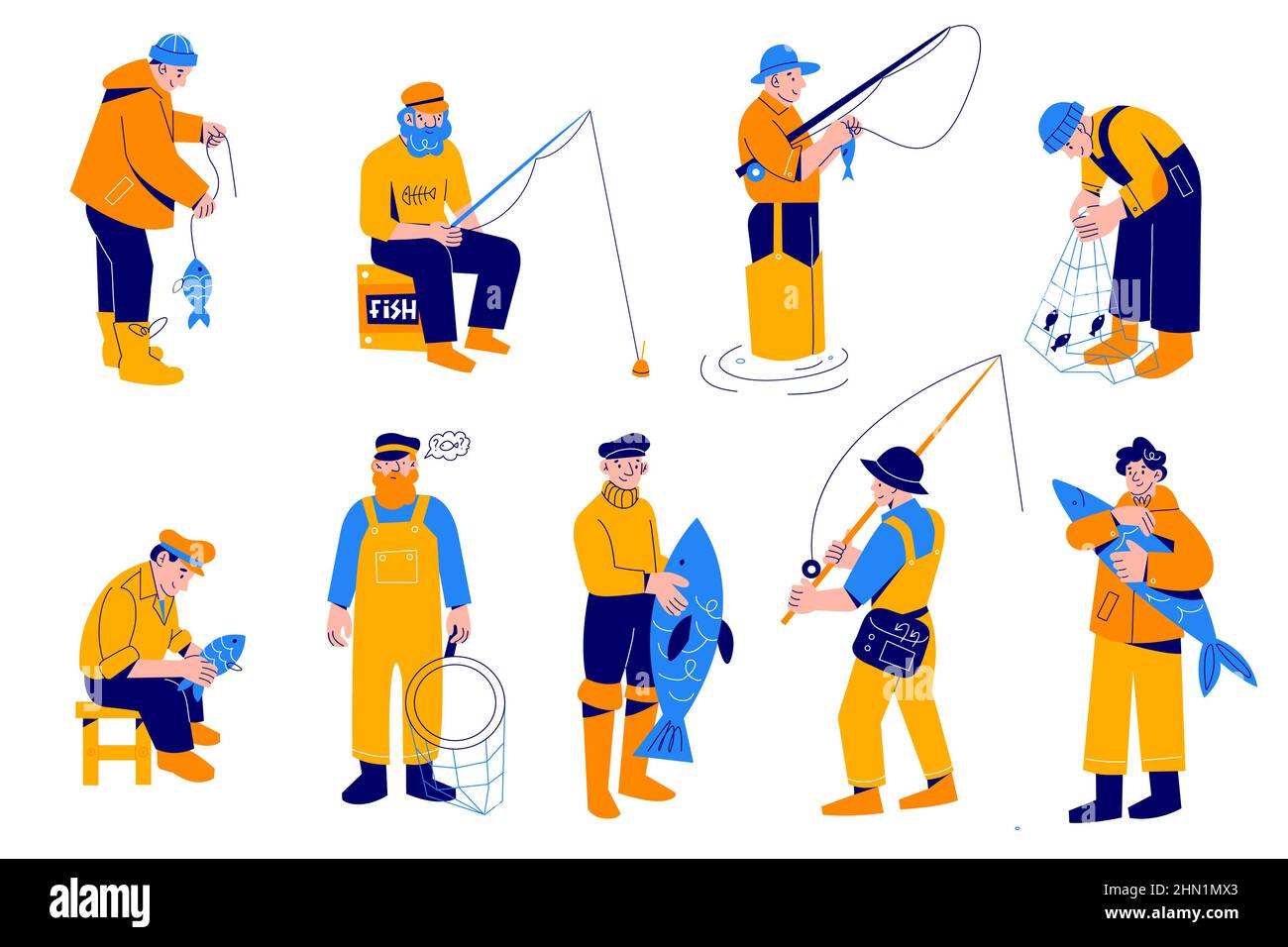 Cartoon fisherman. Different cartoon men characters with big fish, people  with fishing rods and nets, special hunting clothes, wading boots, outdoor  Stock Vector Image & Art - Alamy