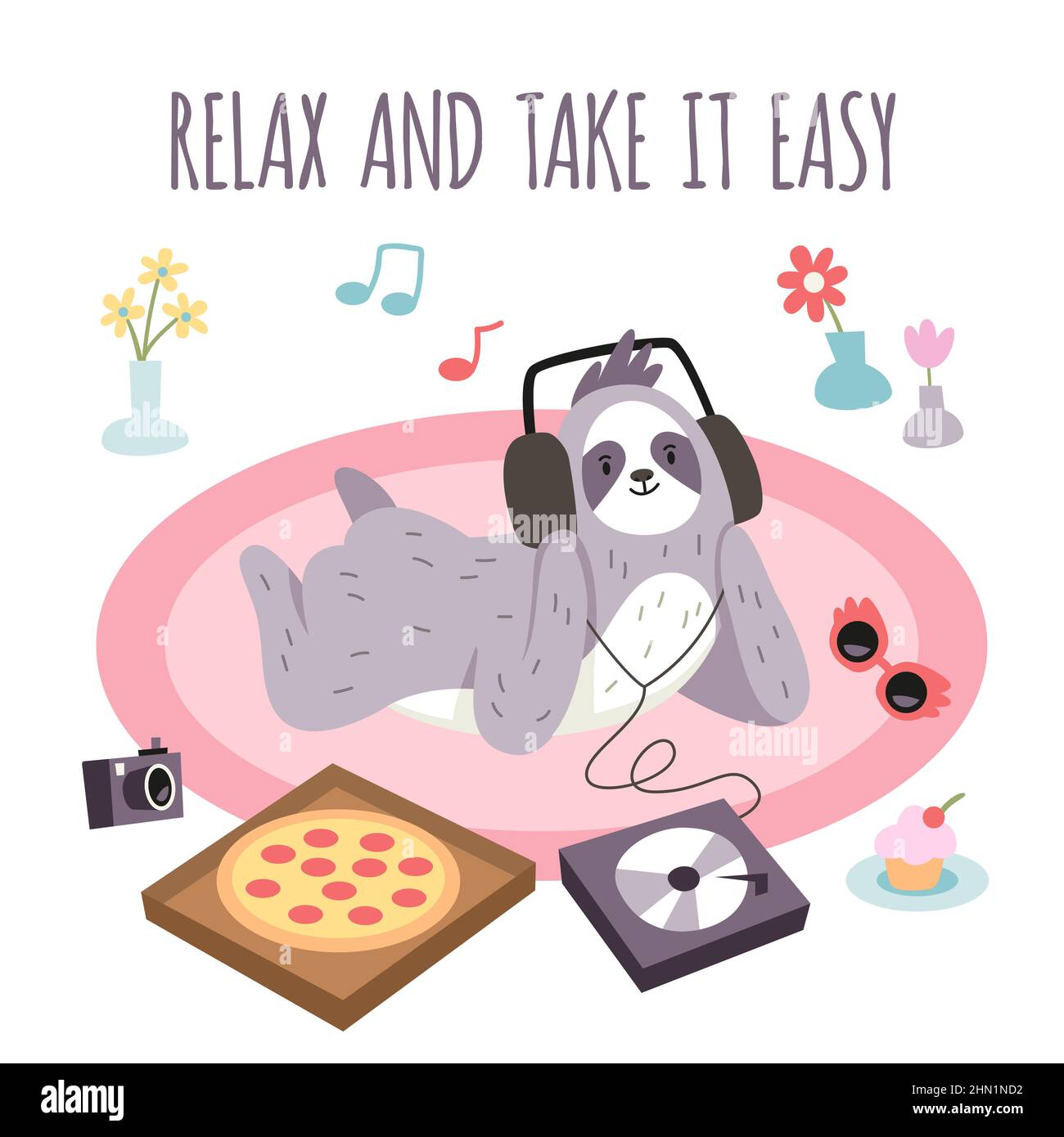 Cute sloth poster. Funny animal listens music, cartoon character with ...