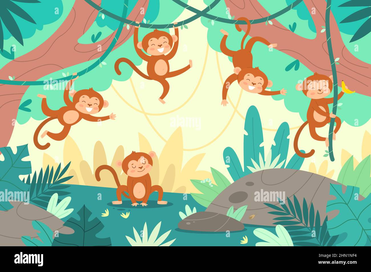 Cute monkeys in jungle. Funny little marmosets play in tropical forest,  climbing vines and trees, rainforest exotic plants, cartoon pretty baby  Stock Vector Image & Art - Alamy