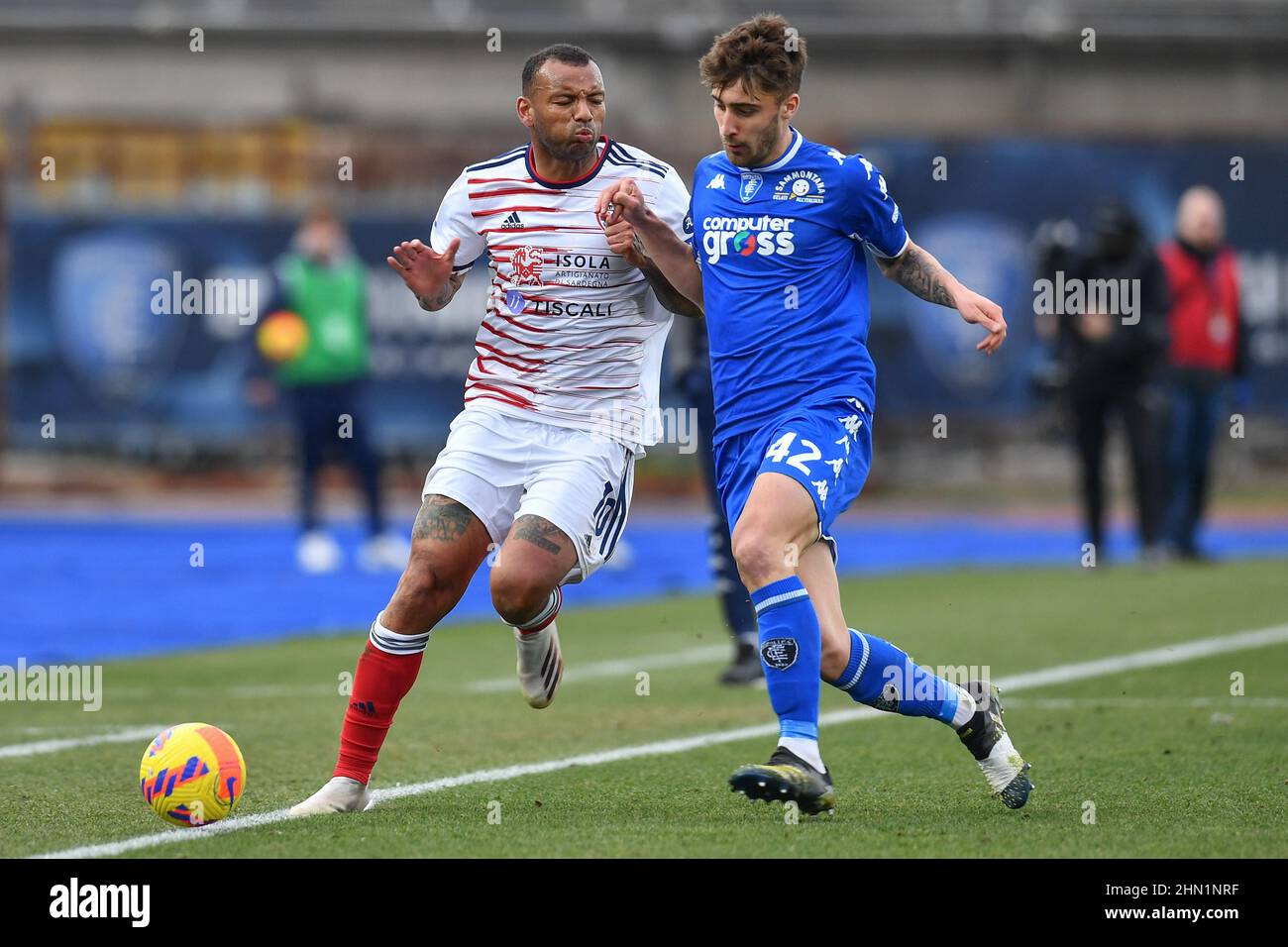 Empoli, Italy. 13th Feb, 2022. Galvao Joao Pe dro (Cagaliari Calcio) and  Mattia Viti (Empoli FC) during Empoli FC vs Cagliari Calcio, italian soccer  Serie A match in Empoli, Italy, February 13